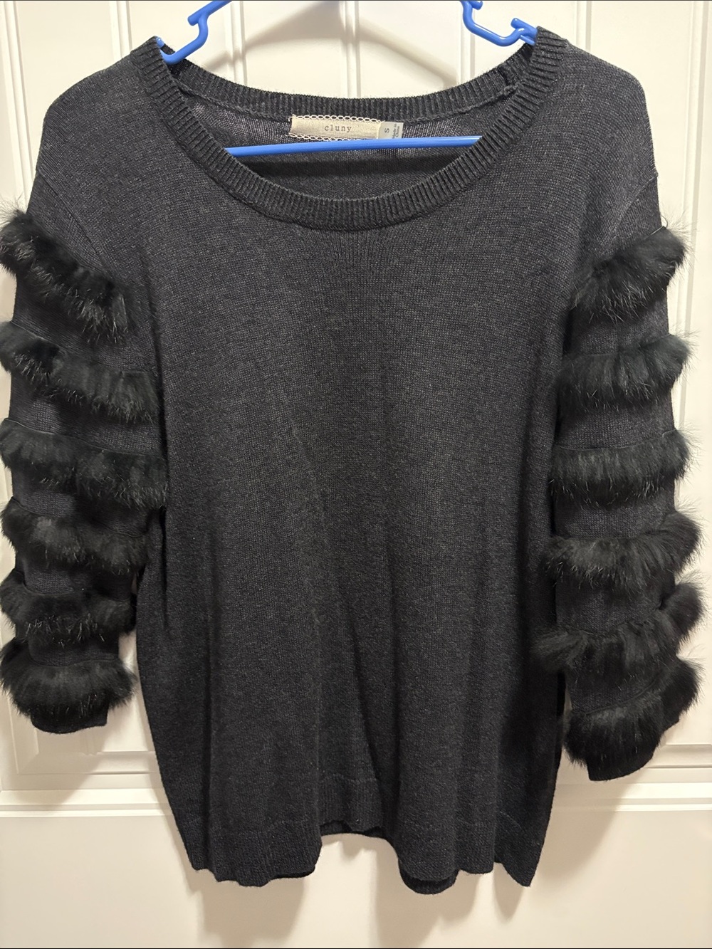 Cluny Black Silk Wool Blend Sweater Fringe Sleeves S